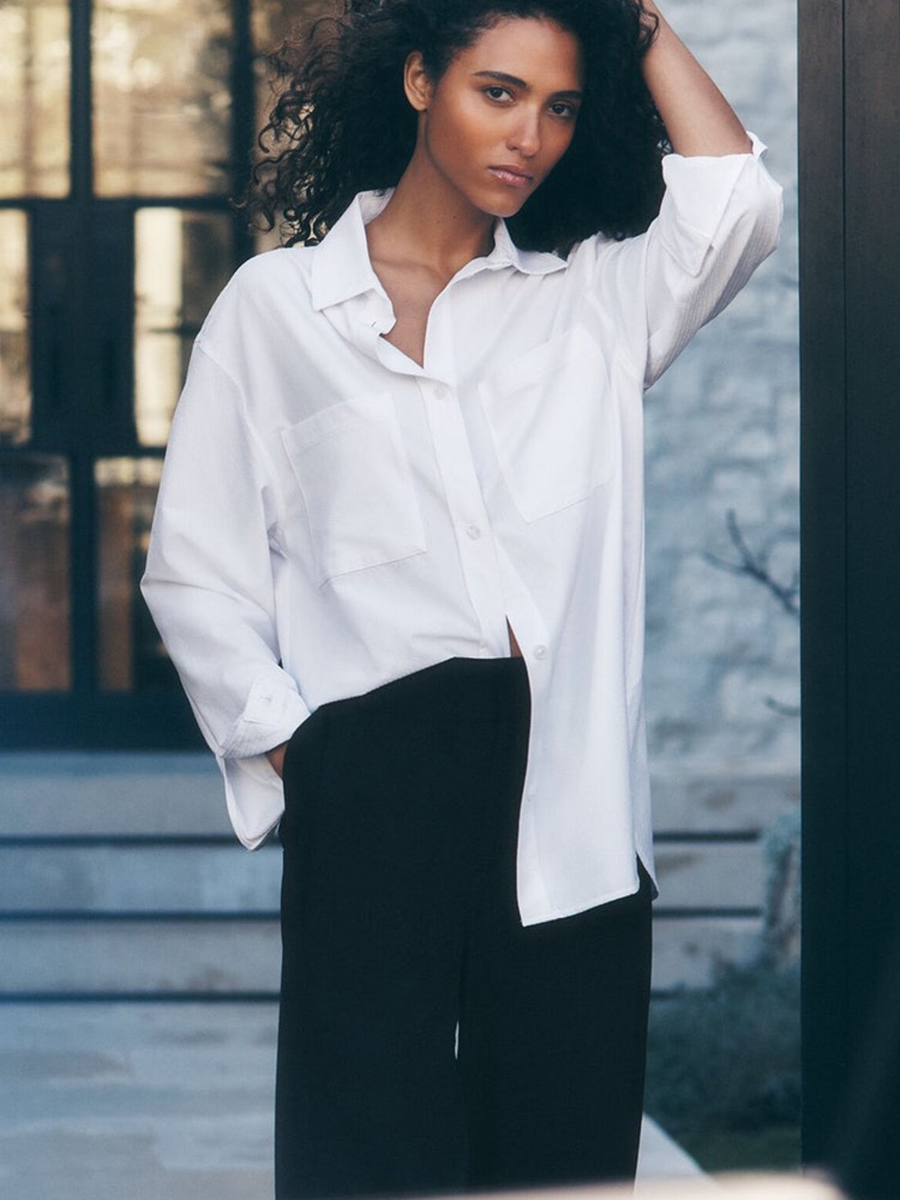Alo Yoga Dreamscape White Button Down Shirt Sz L Textured Oversized